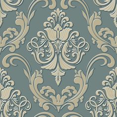 a blue and beige wallpaper with an ornate design