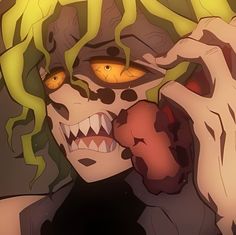 an evil looking woman with green hair and yellow eyes holding her hand up to her face