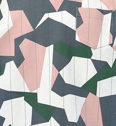 an abstract painting with pink, green and white shapes on black background that appears to be made out of fabric