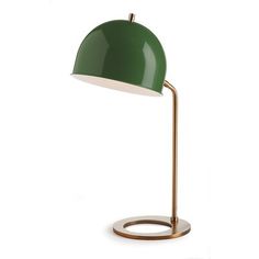 a green table lamp with a white shade on the base and a gold ring around it