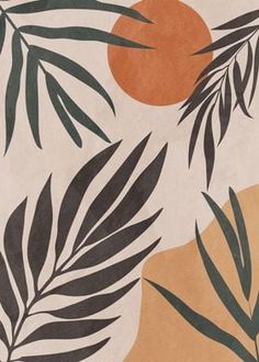 an orange and green leafy pattern on a white wallpaper with brown, black, and tan colors