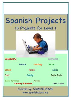 spanish projects for level 1 workbook with pictures and text on the page, which includes an image of a child using a laptop