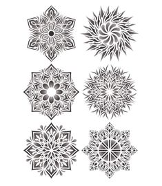 four snowflakes are shown in black and white, each with an intricate design