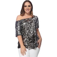 Elevate your party style with the Anna-Kaci Plus Size Sequin One Shoulder Short Sleeve Sparkle Party Top. Perfectly designed to reveal one shoulder, this sequined top strikes the perfect balance of sexy and stylish. The sequins catch the light, creating a dazzling effect that ensures all eyes will be on you. With a relaxed fit that beautifully showcases your shoulders, this top provides both comfort and a flattering silhouette for all body types. Ideal for special nights out, it's a sexy, edgy, Off-shoulder Tops For Night Out Party Season, Off-shoulder Top For Party Season, Glamorous Off-shoulder Tops For Night Out, Spring Party Tops Off-shoulder, Off-shoulder Tops For Evening Party Season, Glamorous Off-shoulder Tops For Party Season, Fitted One Shoulder Party Blouse, Fitted One-shoulder Top For Party Season, One Shoulder Evening Tops For Party Season