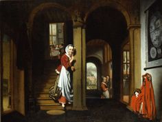 an oil painting of a woman in a red and white dress walking down the stairs