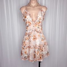 New With Tags Measurements: Bust - 33.5" Waist - 26.5" Hips - 37.5" Nude, Hibiscus Print Dress Partially Lined Adjustable Cami Straps Exposed Back Frill Insets Invisible Back Zipper Non Stretchy Sleeveless Lined Floral Dress For Vacation, Lined Floral Sundress For Brunch, Flowy Lined Mini Dress For Garden Party, Summer Floral Sundress For Date Night, Spring Floral Dress Lined For Summer, Lined Floral Dress For Spring And Summer, Summer Floral Print Mini Dress For Date Night, Summer Floral Print Dress For Date Night, Floral Summer Dress For Date Night