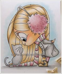 a drawing of a girl with long blonde hair and a pink pom - pom