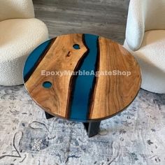 a wooden table sitting on top of a rug