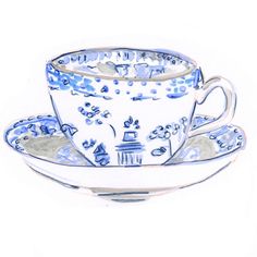 a drawing of a blue and white tea cup with saucer