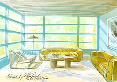 a drawing of a living room with yellow furniture