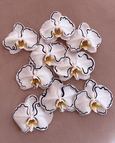 several white and black flowers sitting on top of a table