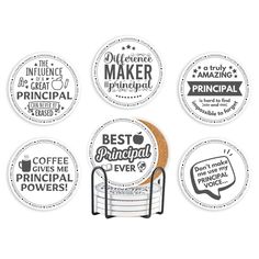 six coasters with the words best principals and coffee mugs in different languages on them