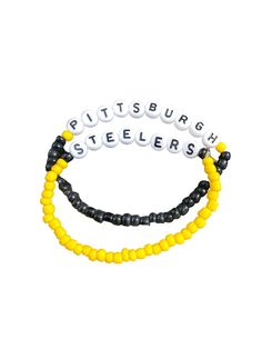 Set of 2: STEELERS THEMED Black and yellow glass seed bracelet. Each one is handmade and unique. Made with durable stretch elastic.  Adult sizes measure by average. 7inch length (3.5in diameter) stretch cords give additional space if needed.  **kids and larger sizes available upon request** Pittsburgh Steelers Beaded Bracelets, Yellow Bead Bracelet, Steelers Bracelet, Bead Bracelet Patterns, Heishi Bracelet, Diy Jewlery, Bracelet Ideas, Bracelets Handmade Beaded, Black And Yellow