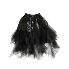 We're Calling This One Go With The Flow! It's Trendy And Cute With A Little Edge! Perfect For Styling And Profiling. Pair With Her Favorite Low Top Sneakers Or Sandals. Black Faux Leather Skirt With Lining Elastic Waist Multi-Tiered Black Tulle Pewter Button Detail Faux Leather Skater Skirts Kids, Black Tutu Skirt Leather Jacket, Black Top With Tulle Skirt, Leather Skirt Summer, Leather Skirt Long, Tulle Clothes, Children Bottoms, Toddler Bottoms, Pu Leather Skirt