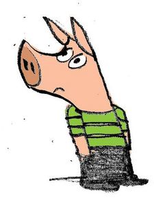 a drawing of a pig wearing a green and black striped shirt with his head tilted to the side