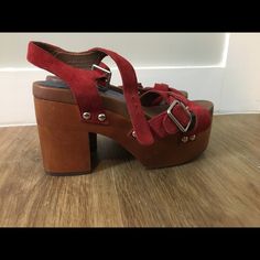 Super Hot Red Suede And Wood Platform Heels. They Look Great With Anything Denim, Dresses And Pretty Much Anything 70’s Looking. 70s Platform Shoes, Jeffrey Campbell Platform, Wood Platform Heels, Red Platform Heels, Red Platform, Denim Dresses, Jeffrey Campbell Shoes, Red Suede, Jeffrey Campbell