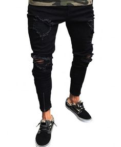 Buy Stretchy Ripped Zipper Hem Jeans - Black - 3J70235616 online, fidn many other Men's Jeans Knee Hole Jeans, Denim Jeans Ripped, Black Jeans Men, Zipper Jeans, Biker Jeans, Jeans Casual, Destroyed Jeans, Printed Jeans, Mens Joggers