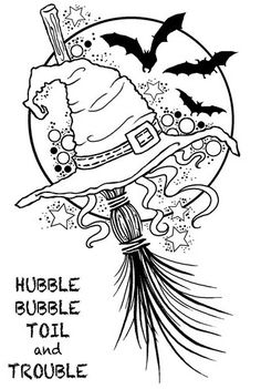 a black and white drawing of a witch's hat on top of a broom