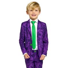 Stand out from the crowd with this 3-Piece Joker suit from Opposuits. Stand out from the crowd with this 3-Piece Joker suit from Opposuits. FEATURES 3-piece set includes: jacket, pants & tie Jacket: button front, long sleeves, 3 front functional pockets, 1 left inside pocket Pants: adjustable elastic waistband with button & zipper closure, 2 side functional pockets UnlinedFABRIC & CARE Polyester Machine wash Imported Size: 4. Color: Purple. Gender: male. Age Group: kids. Fitted Green Sets For School, Fitted Green School Sets, Joker Jacket, Joker Suit, Modern Tailor, Joker Costume, Slim Fit Dress Pants, Slim Suit, Party Suits