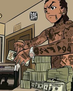 a cartoon drawing of a man with tattoos on his arms and arm, holding money in front of him