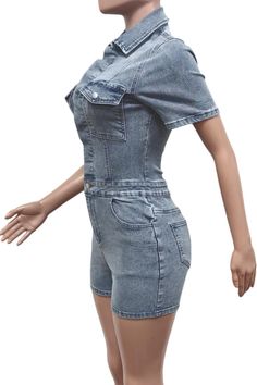 Live out your denim dreams with this playful, yet stylish short sleeve button romper. Perfect for a day out in the sun, this romper is the epitome of comfort and style. The perfect addition to any wardrobe, this romper will have you feeling confident and trendy all day long. Decoration Button , Pockets Length Above Knee, Mini Style Sexy & Club Fabric Type Denim Material Polyester , Polyester , Cotton Neckline Turn-down Collar Pattern Type Solid Sleeve Length Short Season Summer Fabric Slight Str Button Romper, Feeling Confident, Denim Material, Collar Pattern, Summer Fabrics, Mini Fashion, Above Knee, Feel Confident, Season Summer