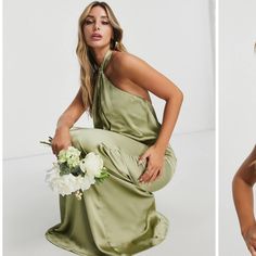 Brand New With Tags, Bought Two Sizes For My Friends Wedding - Wore The Other! Asos Sage Green, Halter Neckline, Gown | Bridesmaid Gown | Formal Light Green Bridesmaid Dresses, Green Dress Formal, Olive Bridesmaid Dresses, Sage Green Maxi Dress, Satin Halter Dress, Pretty Lavish, Sage Bridesmaid Dresses, Gown Bridesmaid, Green Formal Dresses