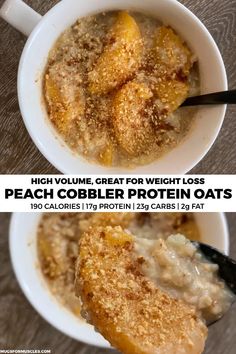 two bowls filled with peach cobbler protein oats