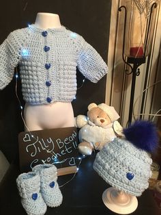 crocheted baby boys cardigan,pom pom hat & booties set Baby Boy Cardigan, Boys Cardigans, Crochet Baby Boy, Yarn Sizes, Pom Pom Hat, Boy Blue, Acrylic Yarn, Crochet Baby