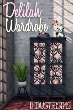 a black cabinet with pink flowers on it and the words delilai wardebe