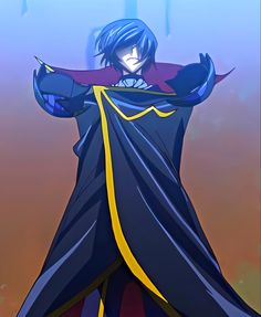 an anime character with blue hair and black clothes, holding his arms out in the air