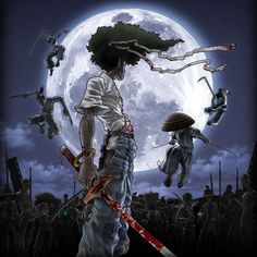 an image of a man holding two swords in front of a full moon with zombies on it