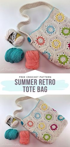 two crocheted bags with balls of yarn in them and the text, free crochet pattern summer retro tote bag