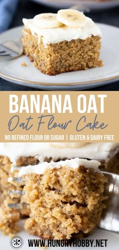 banana oat cake with white frosting and bananas on top, sitting on a plate