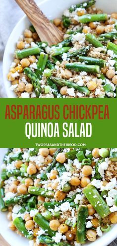 asparagus chickpea quinoa salad in a white bowl