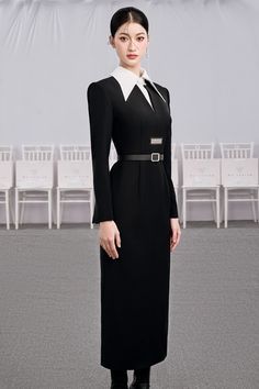 Luxury Long Sleeve Business Dresses, Luxury Classic Midi Dress With Square Neck, Black Square Neck Dress For Work, Luxury Fitted Midi Dress For Semi-formal Occasions, Tailored Modern Formal Dresses, Modern Tailored Formal Dress, Elegant Black H-line Dress, Elegant Midi-length Career Dress, Elegant Midi Length Career Dress