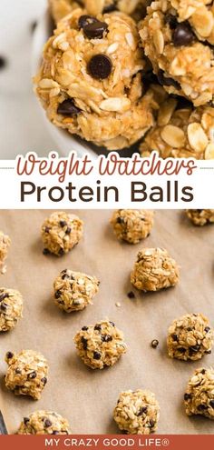 a close up of cookies and granola balls on a baking sheet with the words weight watchers protein balls