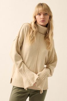 Inside Out Split-Sleeve Turtleneck Sweater - ShopPromesa Turtle Neck Collar, Exposed Seams, Extra Long Sleeves, Vintage Canvas, Iron Decor, Side Split, Knit Collar, Split Hem, Neck Collar