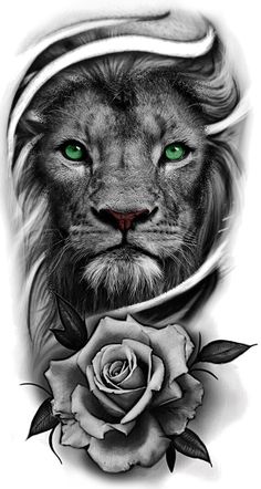 a lion with green eyes and a rose on it's neck, in black and white