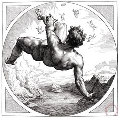 the naked man is flying through the air with his back to the camera, vintage line drawing or engraving illustration