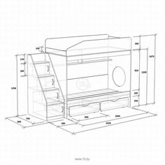 a drawing of a bunk bed with stairs and storage compartments on the bottom level, as well as measurements