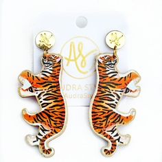 Tiger earrings. Clemson tiger earrings. Perfect for Clemson game day or for tiger lovers. Audra Style, Football Jewelry, Tiger Jewelry, Tiger Earrings, Clemson Football, Unique Handmade Earrings, Art Earrings, Tiger Art, Clemson Tigers