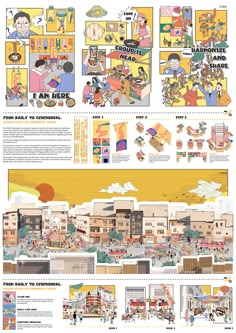 an illustrated poster showing the different types of buildings and people in each area, including children's rooms