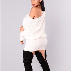 - Cute & Cozy Sweater Bought From Fashion Nova (Worn Once) - Fitted On Bottom Of The Sweater - Very Flattering! - Color Is More Off-White Than Shown In Original Product Photos White Cable Knit Sweater Dress, Sweater Dress Long, White Cable Knit Sweater, Cable Knit Sweater Dress, Earthy Outfits, Buy Sweaters, Long Sweater Dress, Fashion Portfolio, Sweater White