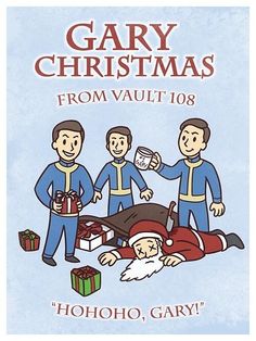 an advertisement for christmas with three men in blue uniforms and santa claus on the ground