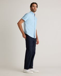 A forever essential, our 100% Organic Cotton Short Sleeve Oxford Shirt blends timeless style and everyday comfort. Crafted from premium organic cotton, the special enzyme wash process creates an ultra-soft handfeel so you can feel comfy all day without sacrificing any polish. Its classic look can flex for work or the weekend, making it a must-have for any wardrobe.  | Quince | Men's Short Sleeve Oxford Shirt in Light Blue, Size XXL, Organic Cotton Blue Relaxed Fit Shirt, Light Indigo Relaxed Fit Shirt For Summer, Unstructured Washed Blue Tops For Everyday, Light Indigo Summer Shirt, Relaxed Fit, Blue Unstructured Washed Tops, Casual Blue Shirt For Gatherings, Casual Blue Shirt For Casual Gatherings, Blue Casual Shirt For Gatherings, Washed Blue Cotton Tops