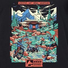 a black t - shirt with an image of people in the water and mountains on it