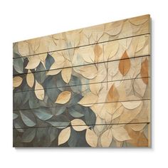 an abstract painting with leaves on the side of a wooden wall mounted to a white wall