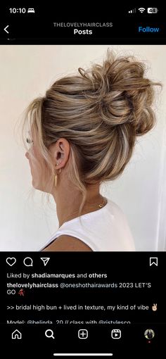 Bridesmaid Thick Hair Updo, Wedding Guest High Bun, Volume Up Do, High Formal Bun, High Up Dos For Medium Hair, Bridesmaid Updo High, Party Buns Hairstyles, Upstyles For Medium Hair Wedding Guest, Messy High Bun Wedding Hair