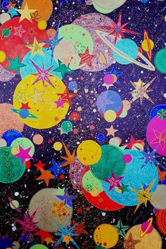 an abstract painting with stars and planets in the sky