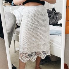 White Midi Skirt With Crochet Detailing And A Slip Underneath. A Bit See Through But Can Be Fixed With Spandex Underneath! Perfect For Brunch Or A Day At The Beach. Brand New With Tags Only Worn To Try On! White Crochet Lace Skirt For Summer, White Crochet Lace Summer Skirt, White Lace Bottoms For Brunch, White Lace Brunch Bottoms, Fitted Lace Trim Skirt For Beach, White Lace Trim Skirt For Beach, White Lace Trim Skirt For The Beach, Beach Skirt With Lace Trim, White Beach Skirt With Lace Trim